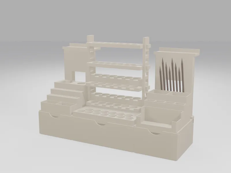 Design render of a three-section custom workstation base: Rotary Tool Station, Paint Rack Gallery Ladder and bin module on one run of drawers, with back frames and display shelves (concept, not yet printed)