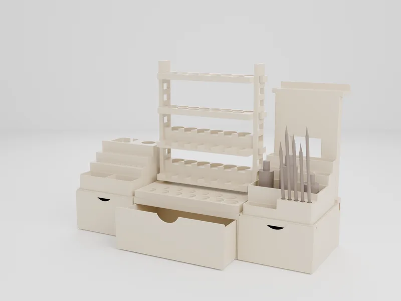 The same three-section workstation base with the middle drawer under the Gallery Ladder pulled out