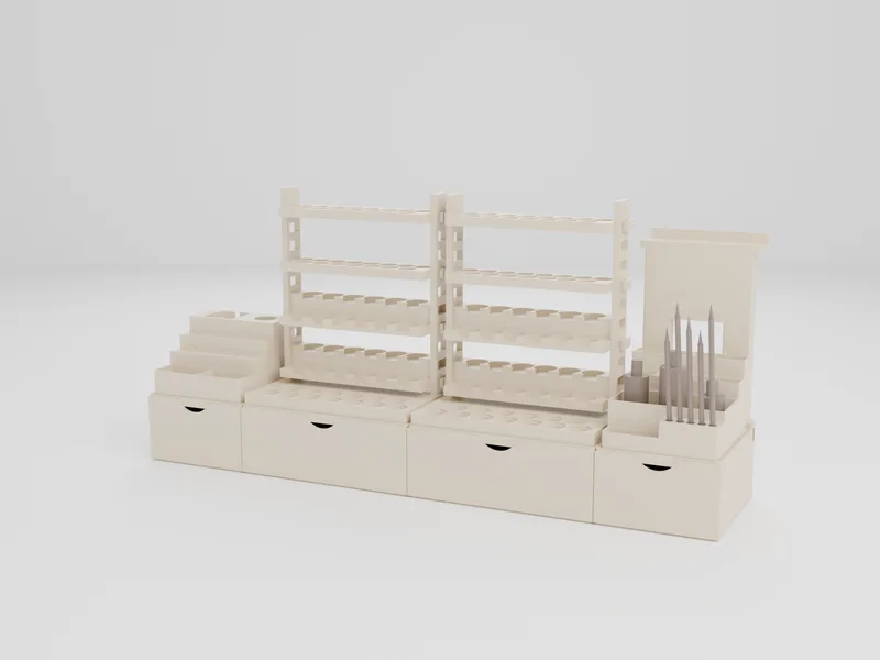 A four-section version: tool station, two Gallery Ladders side by side and the bin module, about 91 cm wide