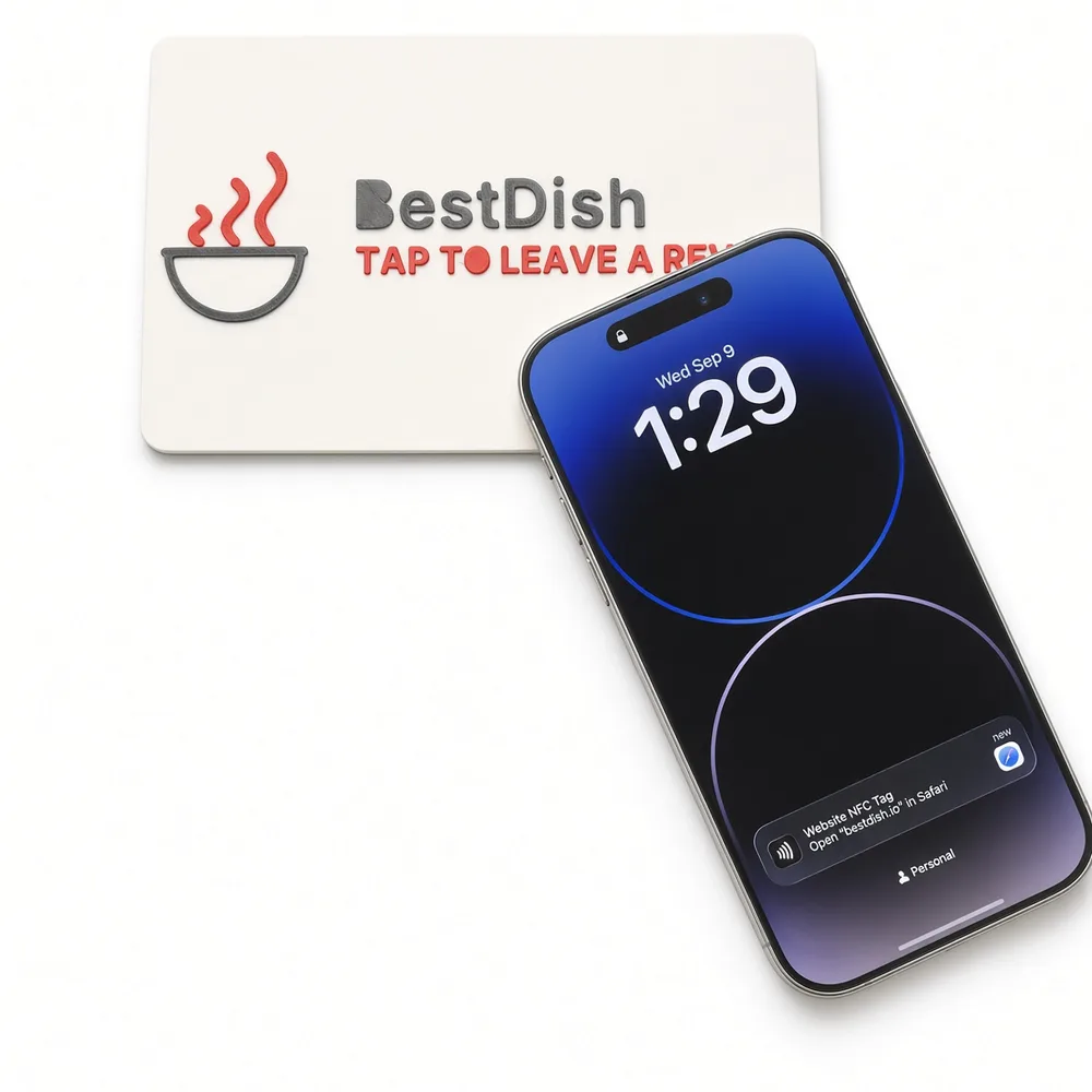 BestDish NFC logo plaque: phone tapped on it opens the link