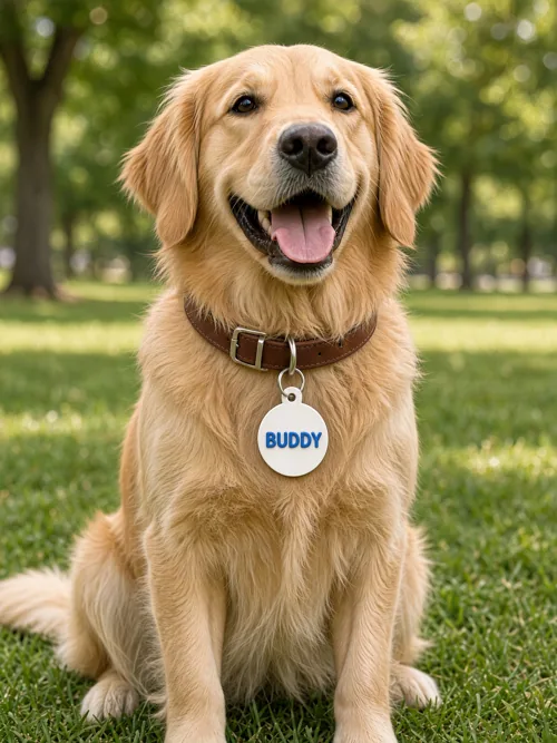 Golden retriever wearing a round NFC pet ID tag