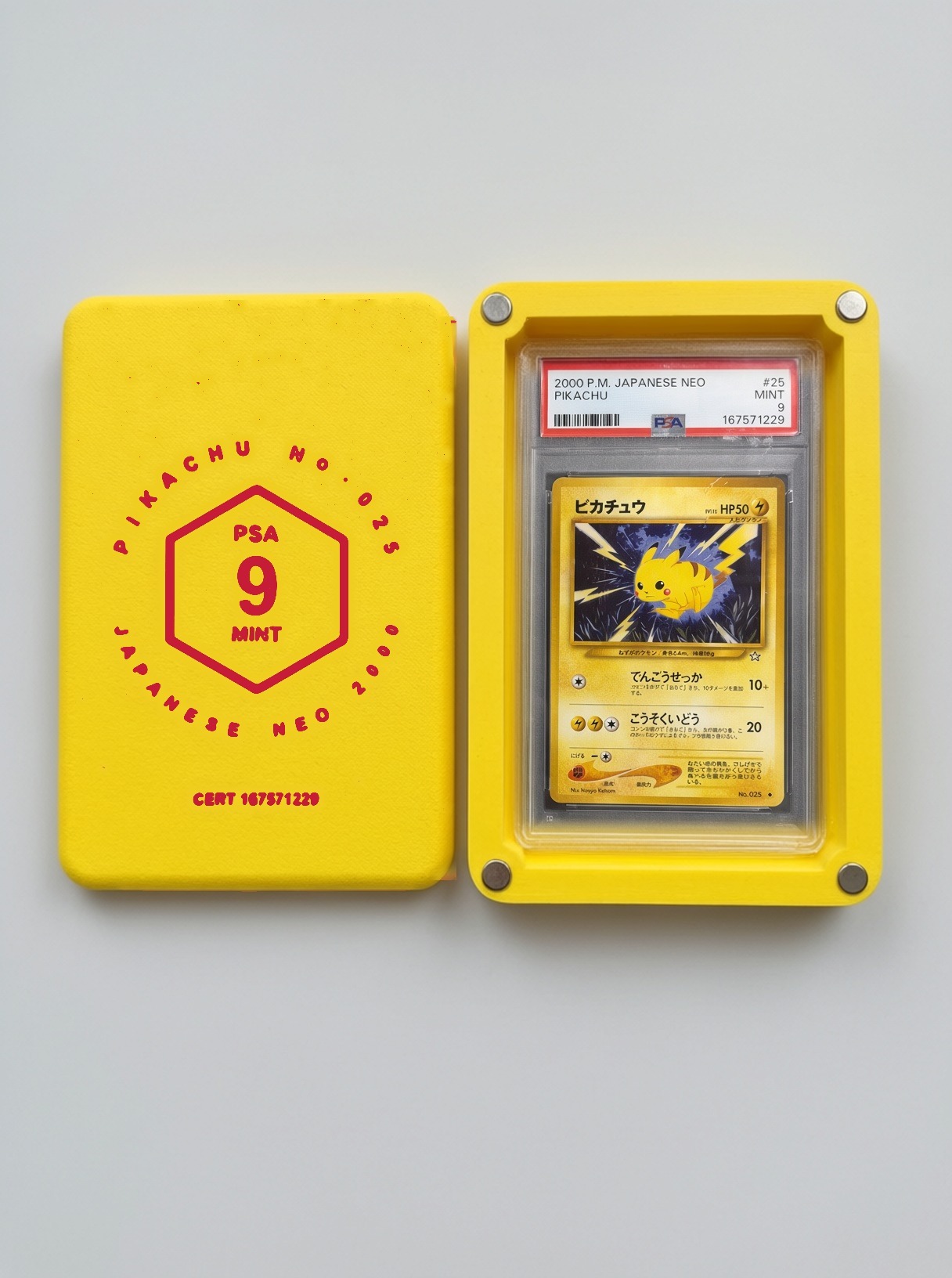TCG Card Case Studio — yellow engraved slab box with a Pokémon card