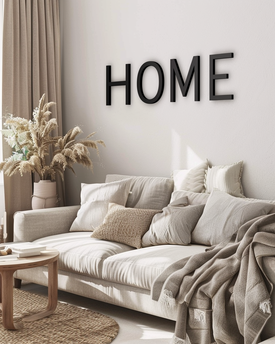 Modern Minimal 3D Printed Letters - HOME on living room wall
