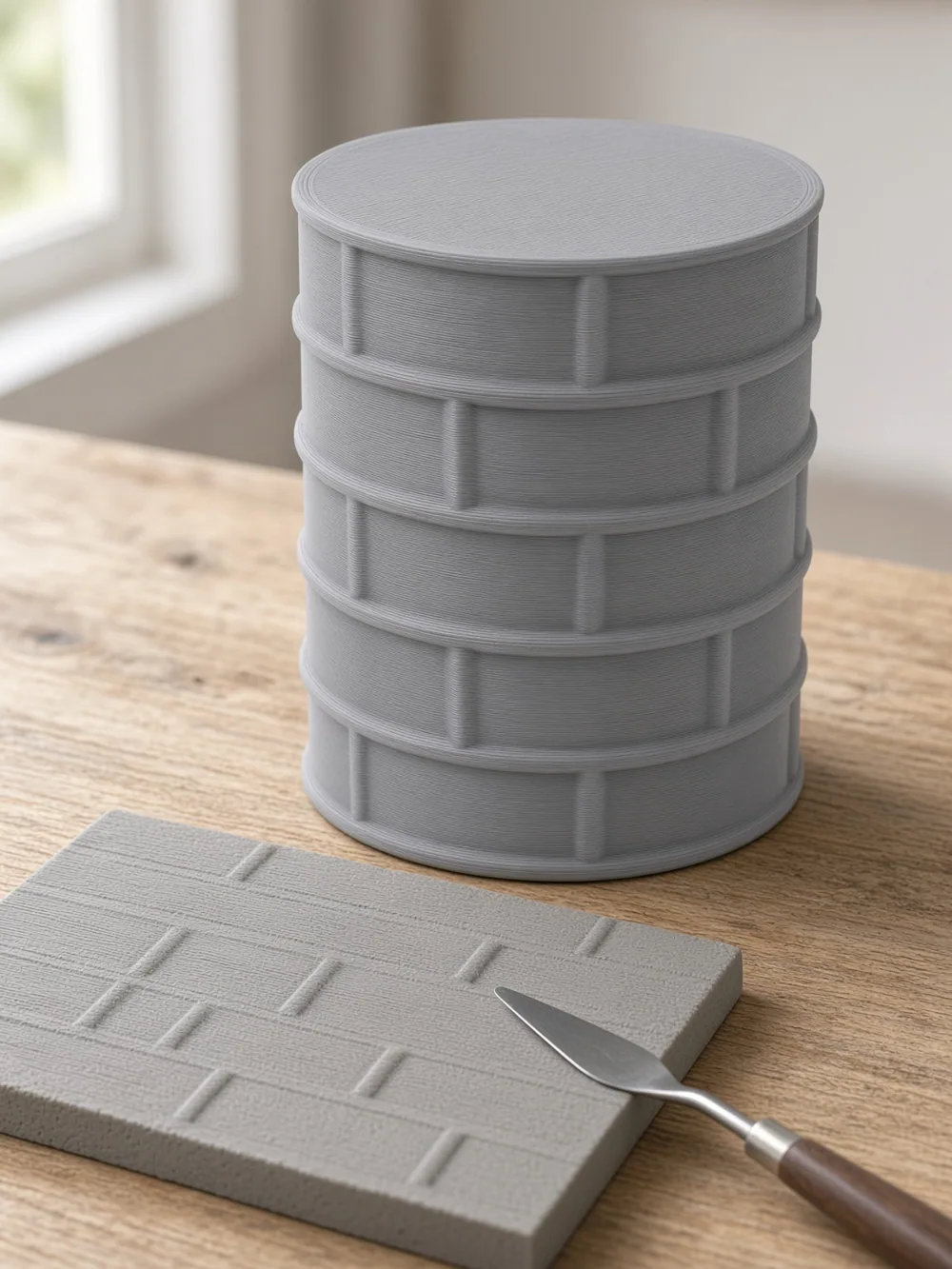 Brick-pattern texture roller next to a freshly rolled clay slab
