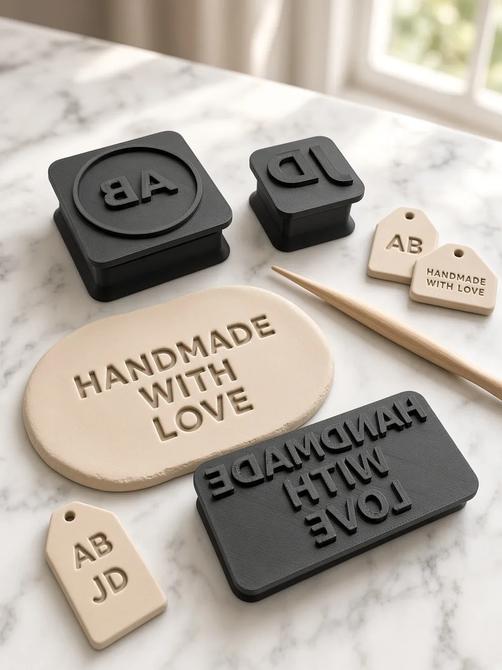 Custom stamps with stamped clay tags on a marble bench