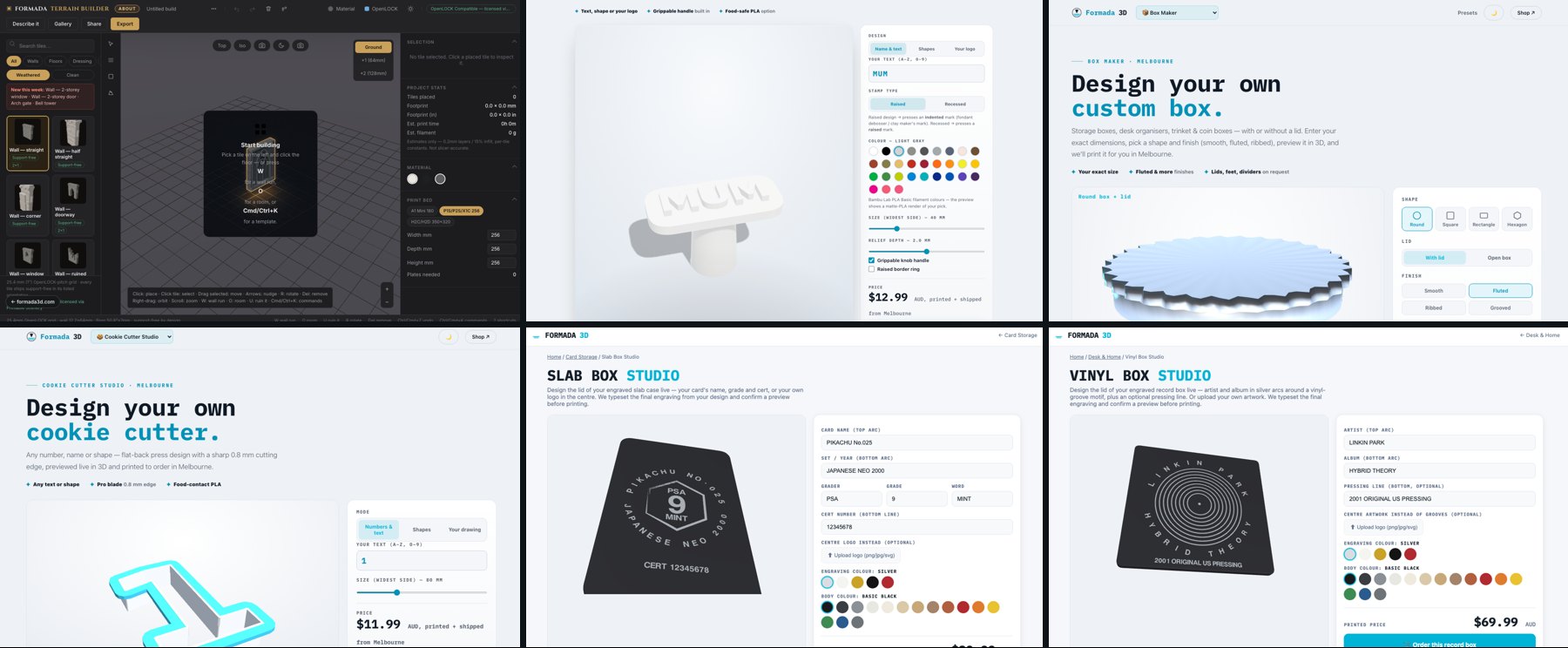Formada3D Studio Maker — free browser design tools for stamps, boxes, cookie cutters, tags and terrain