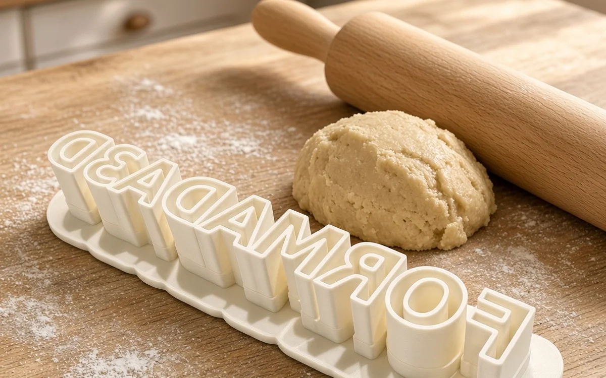 Cookie Cutter Maker — printed FORMADA3D word cutter on a floured kitchen bench with dough and a rolling pin