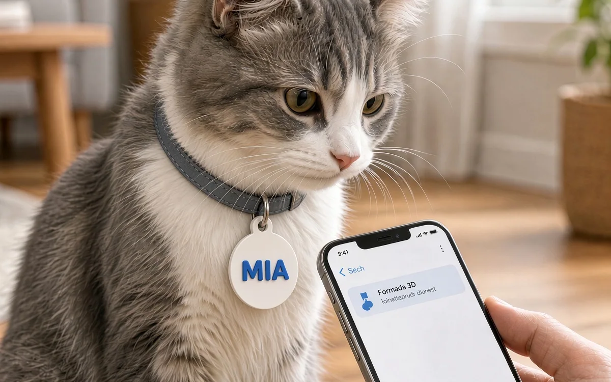 Pet ID NFC Tag Designer — cat wearing a printed MIA pet tag, phone tapped to open the contact page