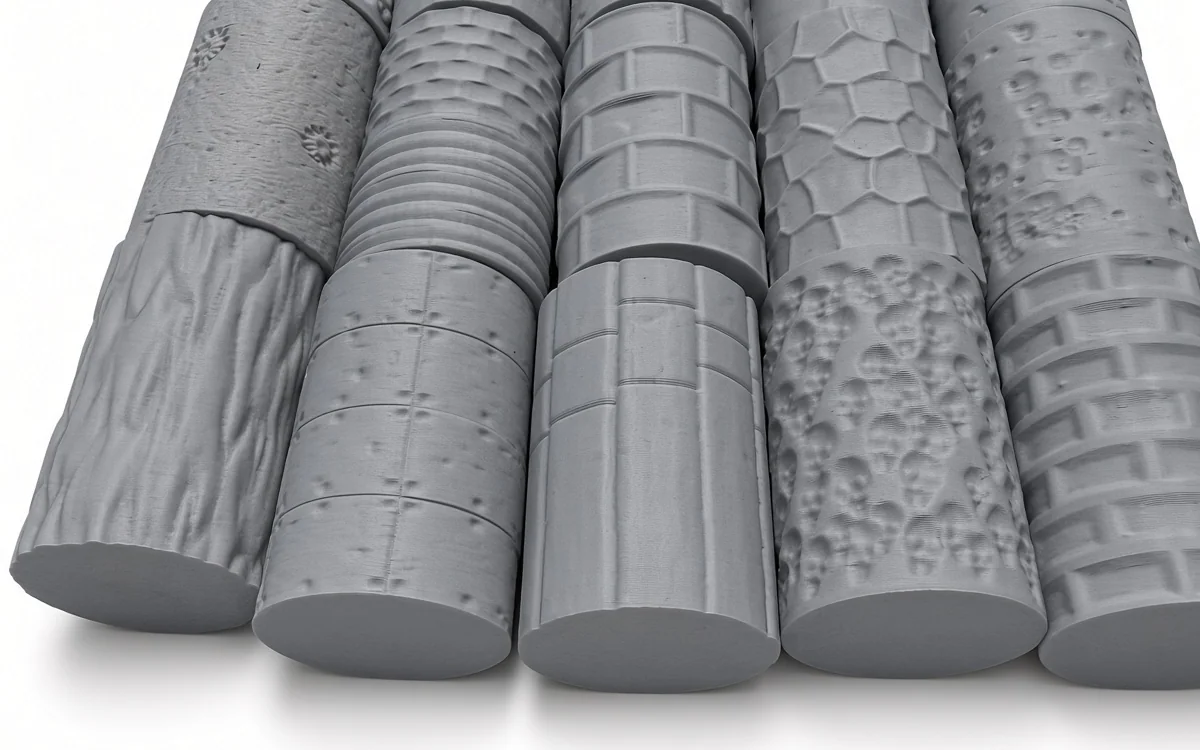 Roller Maker — ten printed texture rollers, grey PLA