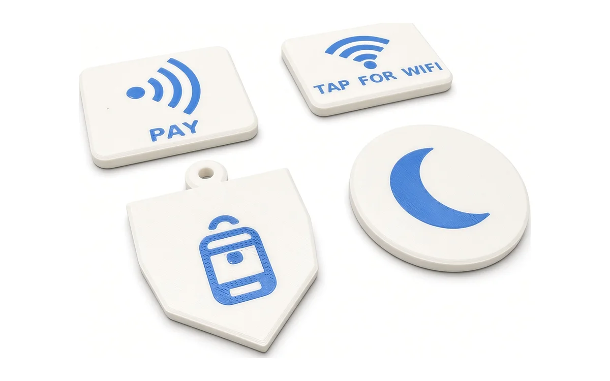 NFC Tag Designer — four printed NFC tags: Tap-to-Pay, Tap-for-Wi-Fi, sleep-mode disc and kids bag keychain