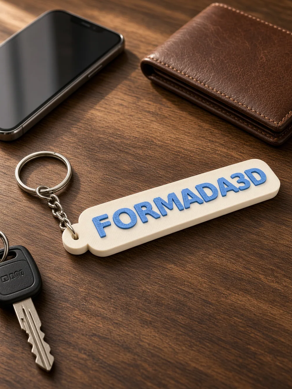 Formada3D keyring tag on a desk with keys, wallet and phone