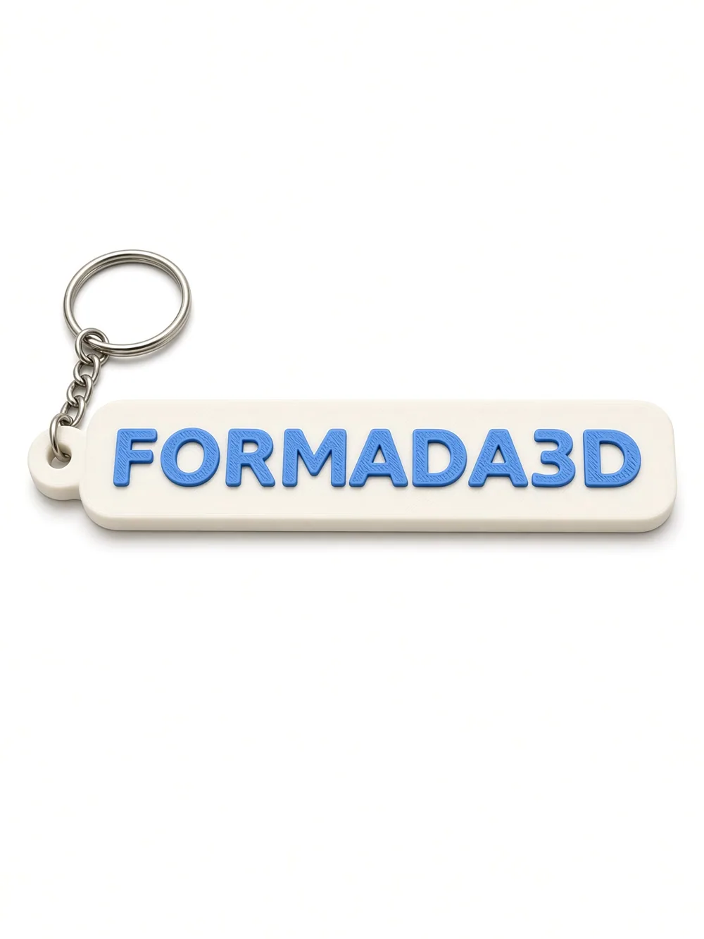 Formada3D keyring tag, front, white with blue lettering