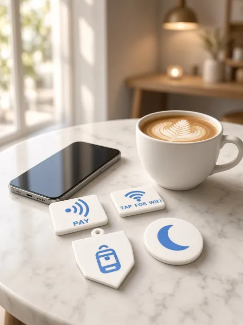 NFC tags on a café table next to a latte