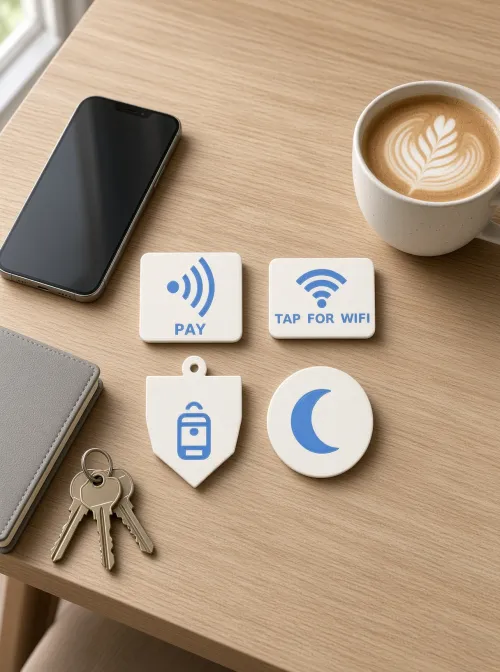 Set of NFC home-automation tags on a desk