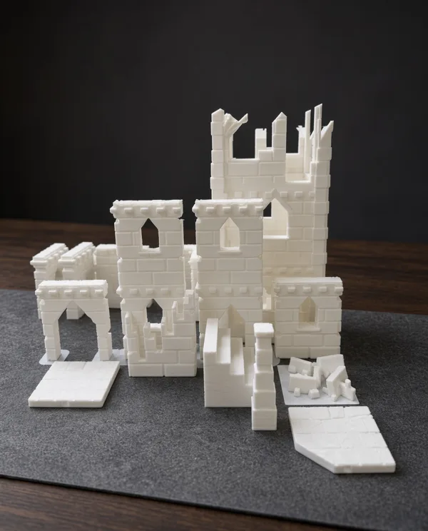 Gothic Ruins test print on a gaming table, walls and flagstone floors